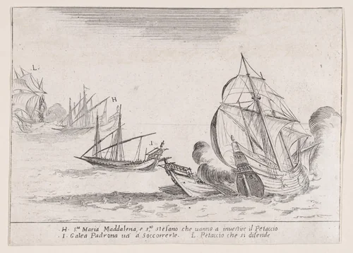 L'Abordage du Taccio (The Collision of Taccio), from "Les Combats de Quatre Galères" (The Battles of Four Galleys) by Jacques Callot, print, 1605-1635