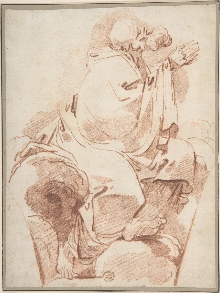 Prophet Seated in Profile on a Cloudbank, Praying: decoration for a spandrel by André Lebrun, drawing, 1755-1795