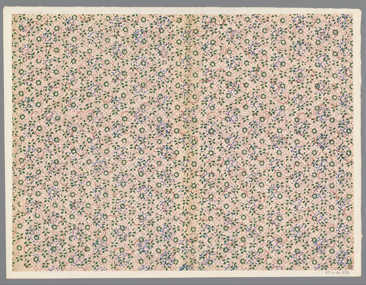 Blad met strooipatroon van bloemen met bladeren en ranken over een gestippeld fond by anonymous, print, 1800-1900