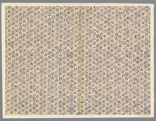 Blad met strooipatroon van bloemen met bladeren en ranken over een gestippeld fond by anonymous, print, 1800-1900