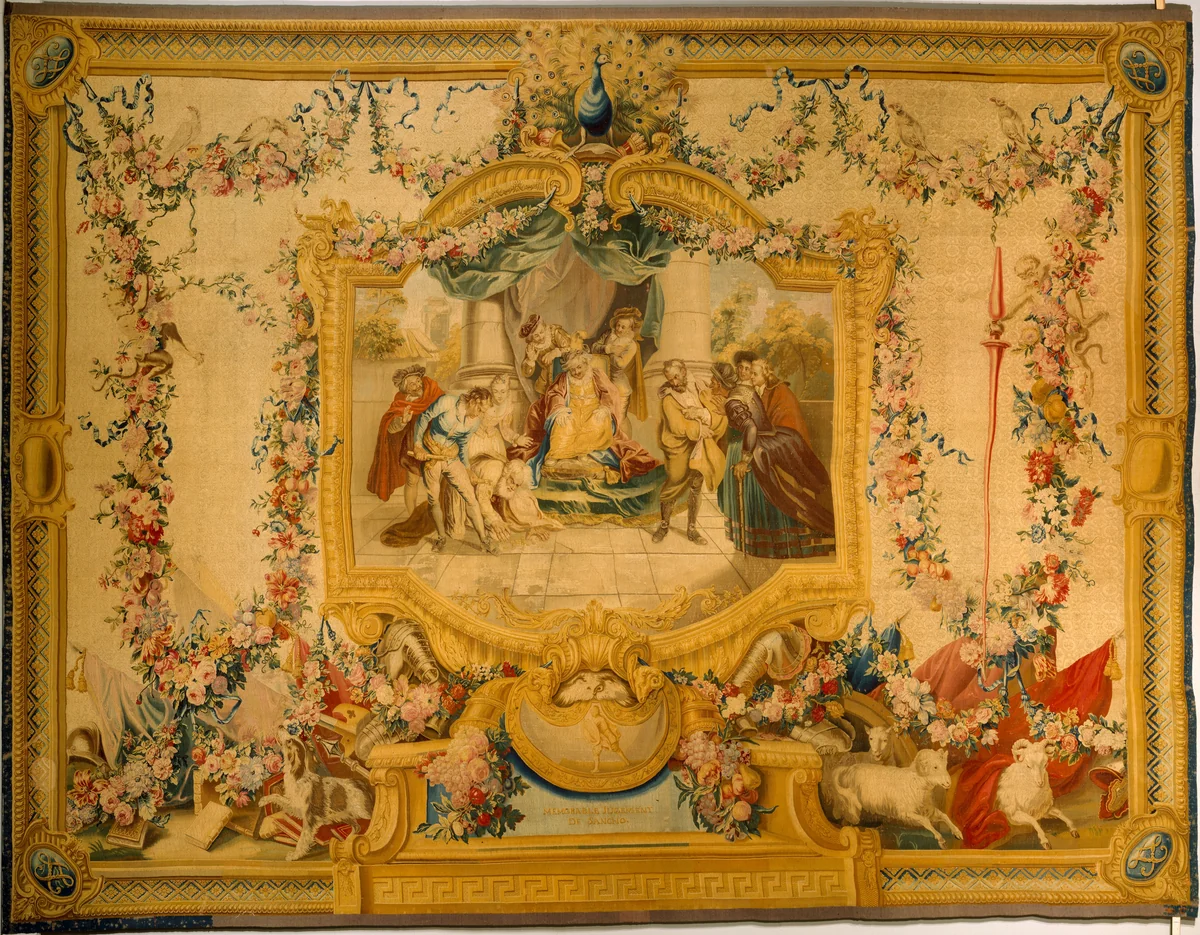The Memorable Judgment of Sancho Panza from a series of tapestries with scenes from Don Quixote (number twenty-four in a series of twenty-eight) by Manufacture Nationale des Gobelins, textile, 1725-1755