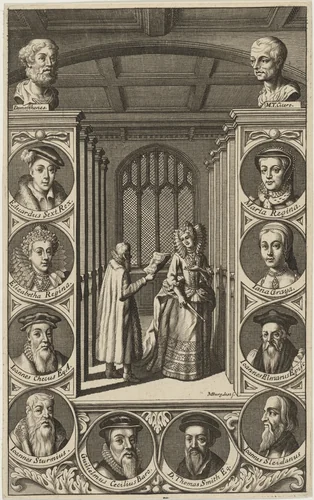 Roger Assham and Mary Surrounded by MedallianPortraits by Michael Burghers, print, 1640-1723