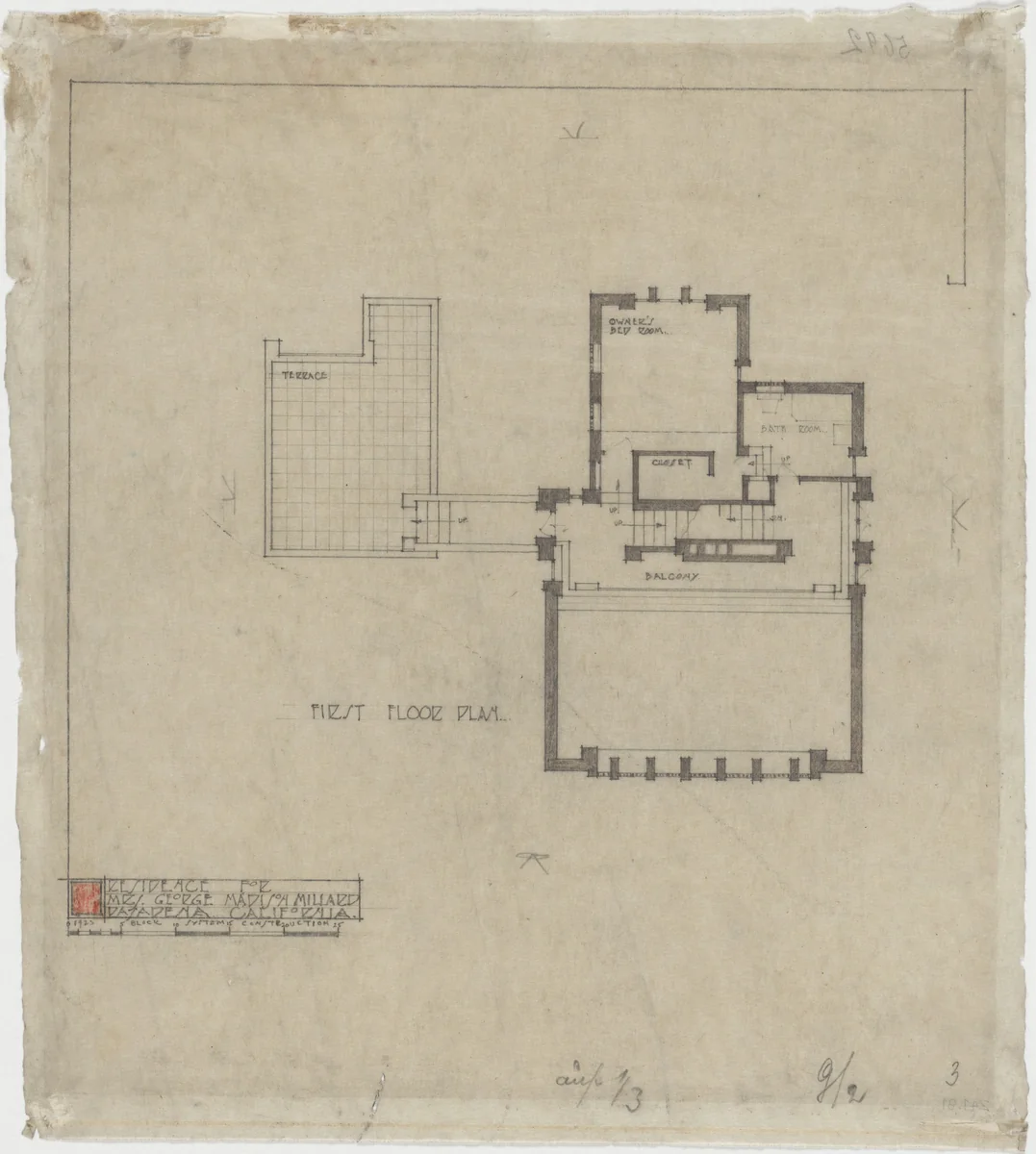 La Miniatura, Mrs. George Madison Millard House, Pasadena, California, Plan of first floor by Frank Lloyd Wright, architecture, 1923