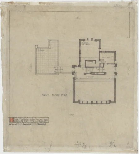 La Miniatura, Mrs. George Madison Millard House, Pasadena, California, Plan of first floor by Frank Lloyd Wright, architecture, 1923