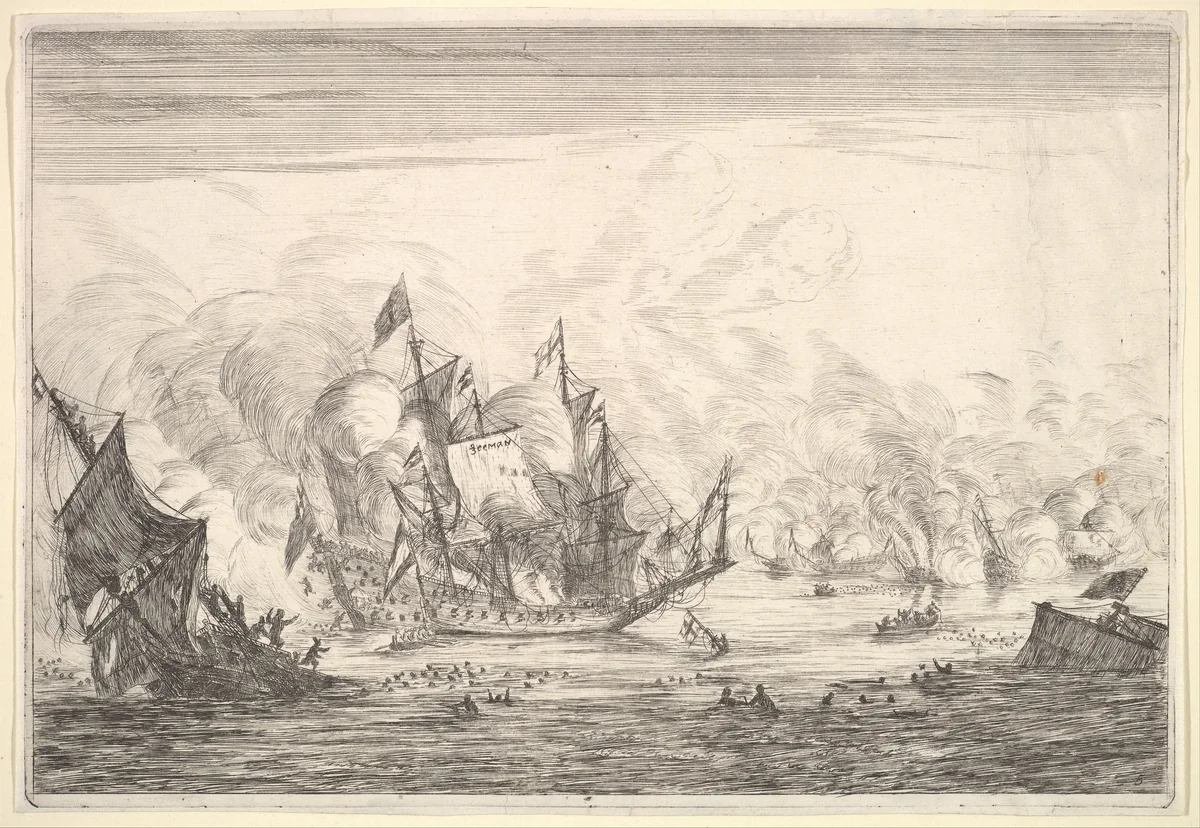 Naval Battle with an English Ship Foundering on the Left, from Naval Battles (Nieuwe Scheeps Batalien), plate 5 by Reinier Nooms, print, 1652-1654