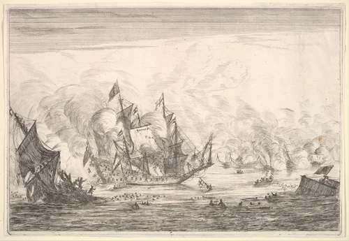 Naval Battle with an English Ship Foundering on the Left, from Naval Battles (Nieuwe Scheeps Batalien), plate 5 by Reinier Nooms, print, 1652-1654