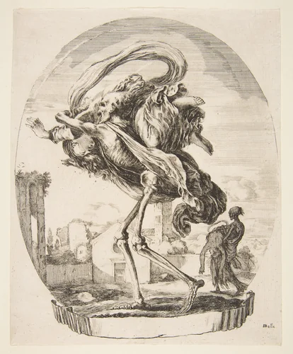 Death carrying off a woman, from 'The five deaths' (Les cinq Morts) by Stefano della Bella, print, 1643-1653