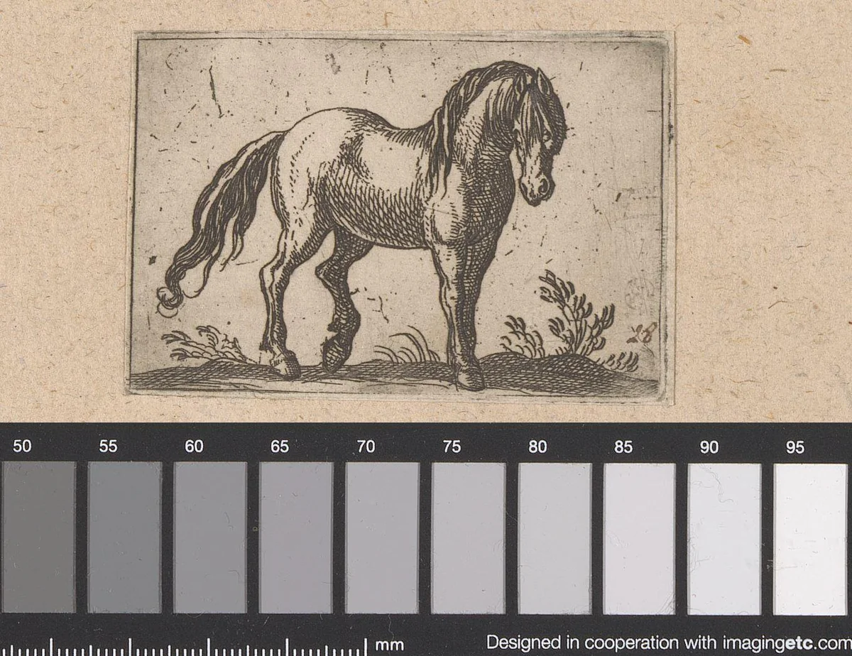 Staand paard naar rechts gewend by Antonio Tempesta, print, 1565-1630