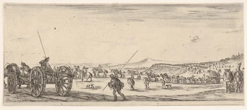 A procession of horsemen and cannons in the middle ground walking to the left, a cannon and two men to left, from "Peace and War" (Divers desseins tant pour la paix que pour la guerre) by Stefano della Bella, print, 1638-1643
