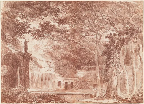 The Oval Fountain in the Gardens of the Villa d'Este, Tivoli by Hubert Robert, drawing, 1760