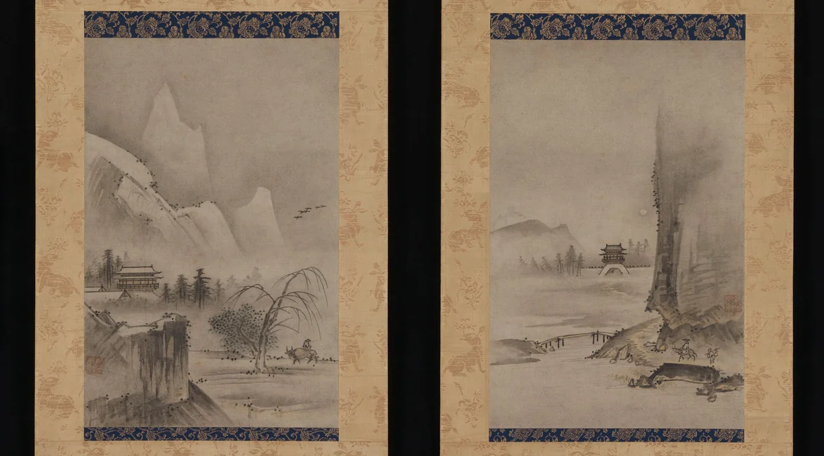 Two Views from the Eight Views of the Xiao and Xiang Rivers by Kantei, painting, 1500-1533