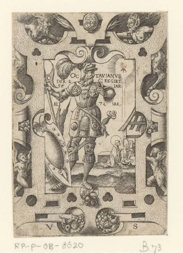 Keizer Augustus in rolwerk omlijsting by Unknown, print, 1524-1562