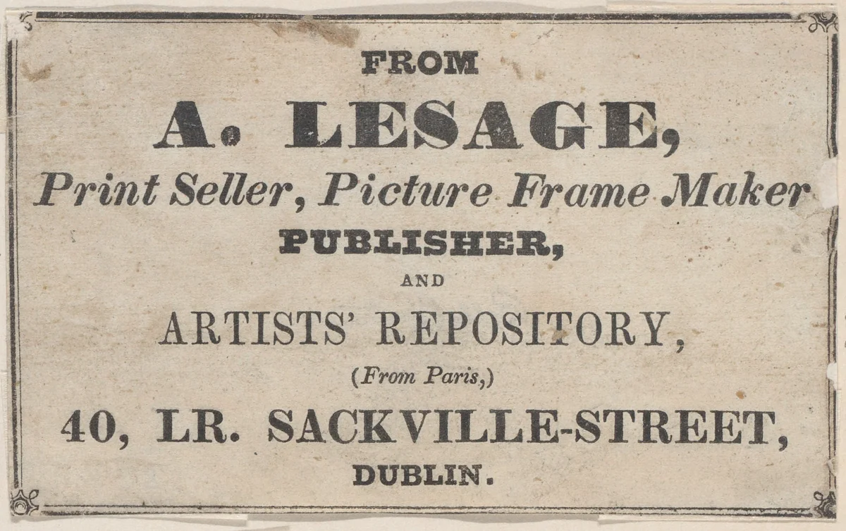 Trade Card for A. Lesage, Printseller, Framer, and Publisher by anonymous, print, 1800-1900