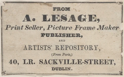 Trade Card for A. Lesage, Printseller, Framer, and Publisher by anonymous, print, 1800-1900