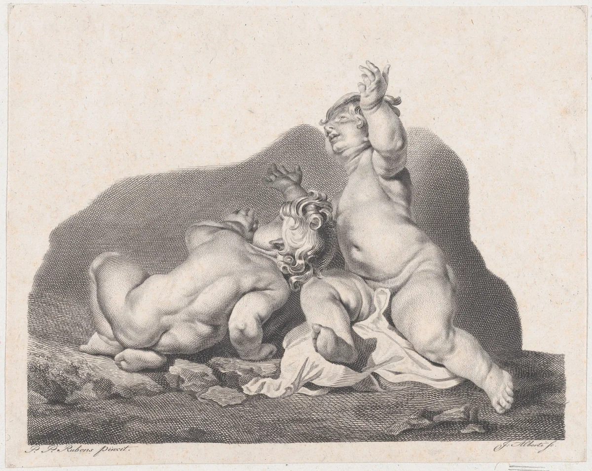 Two children lying on the ground, one seen from behind by anonymous, print, 1800-1900