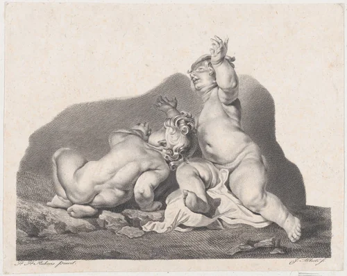 Two children lying on the ground, one seen from behind by anonymous, print, 1800-1900
