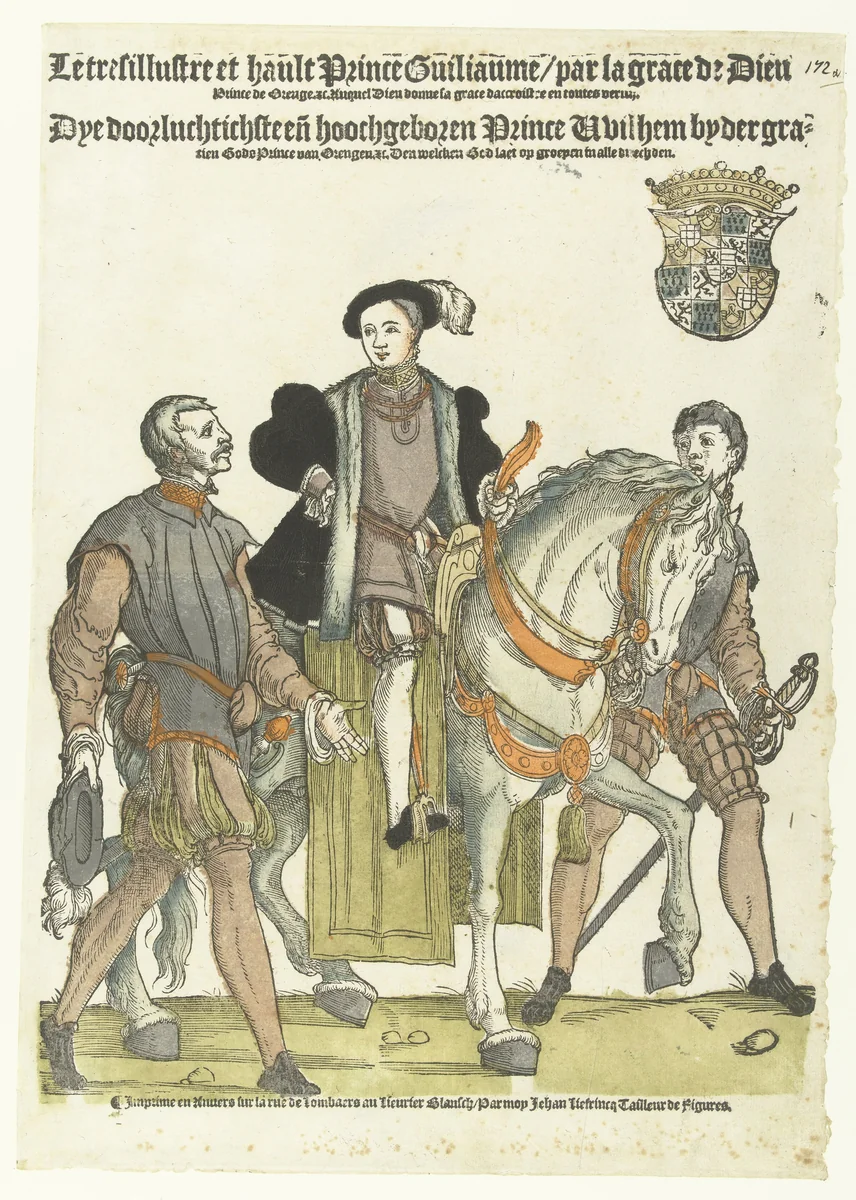 Portret van Willem van Oranje als jongen te paard by Hans Liefrinck, print, 1544-1559
