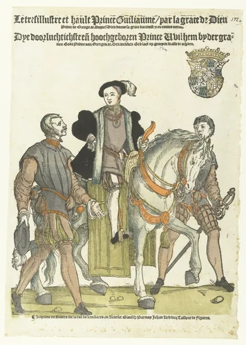 Portret van Willem van Oranje als jongen te paard by Hans Liefrinck, print, 1544-1559