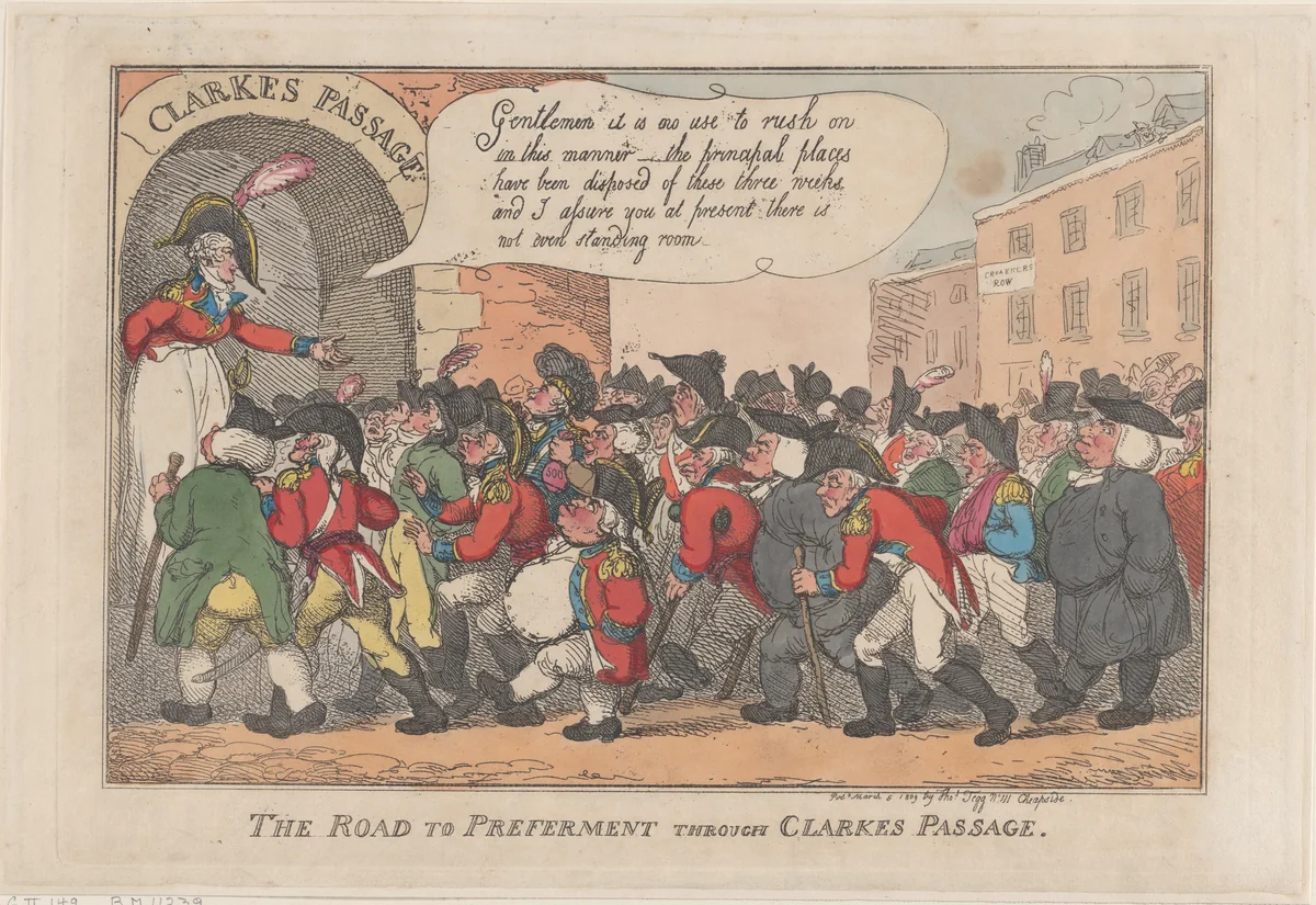The Road to Preferment Through Clarke's Passage by Thomas Rowlandson, print, 1809