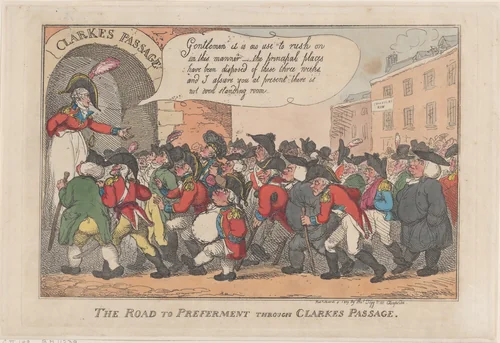 The Road to Preferment Through Clarke's Passage by Thomas Rowlandson, print, 1809