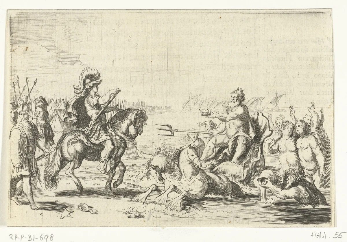 Neptunus reikt Alexander de Grote een kroon by Willem Basse, print, 1632-1634