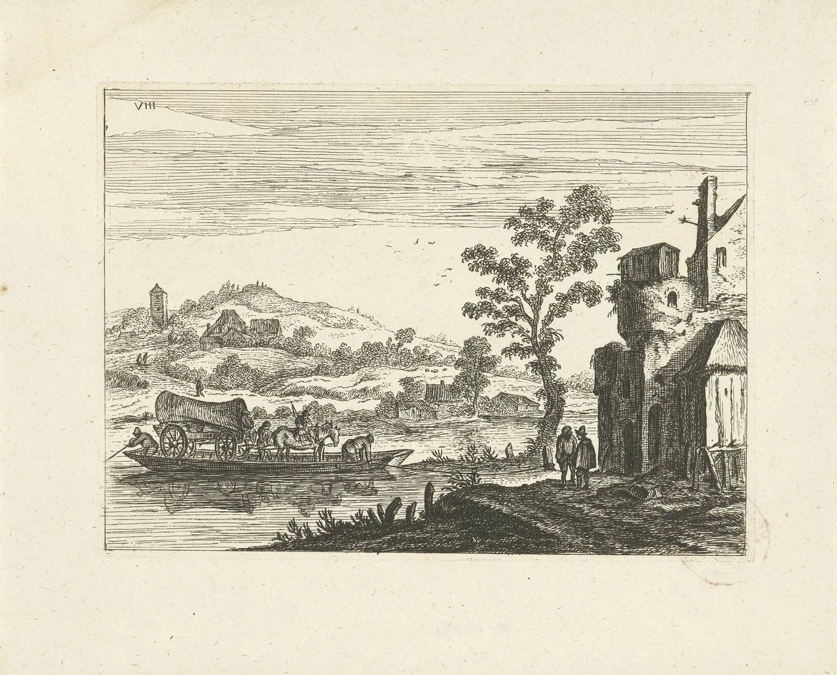 Landschap met pont by Johannes Gronsveld, print, 1679-1728