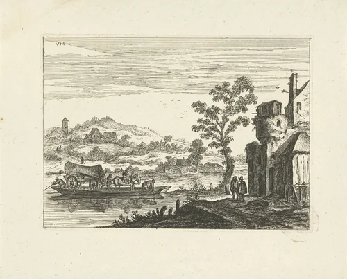 Landschap met pont by Johannes Gronsveld, print, 1679-1728
