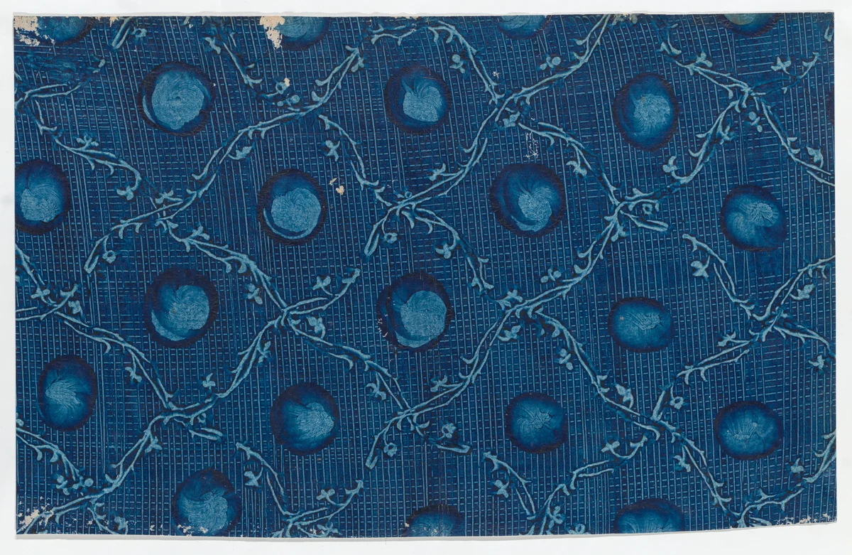 Blue paste paper with circular designs and ornamental diagonal pattern and crisscross background by anonymous, print, 1800-1900