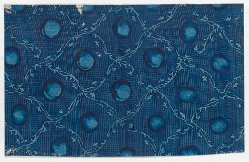 Blue paste paper with circular designs and ornamental diagonal pattern and crisscross background by anonymous, print, 1800-1900
