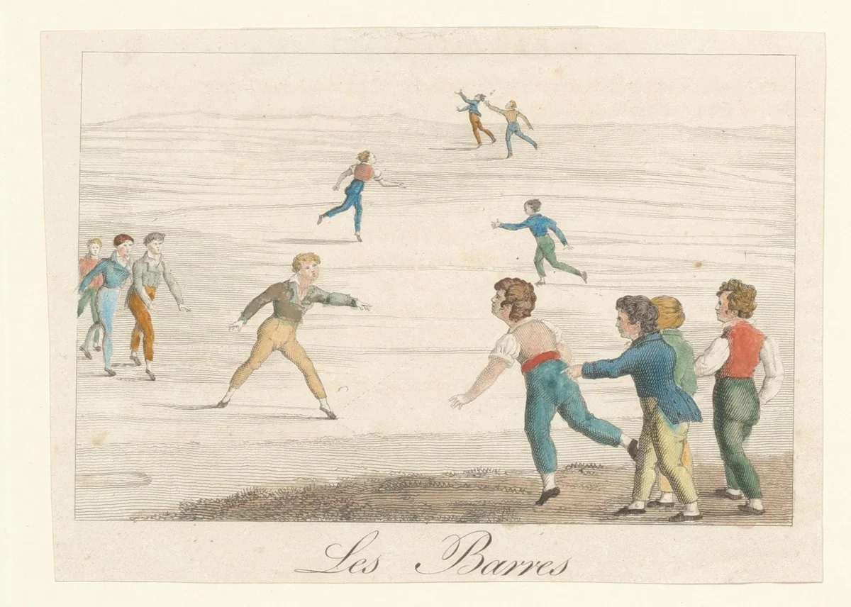 Kinderen spelen een spel met de naam les barres by anonymous, print, 1800-1899