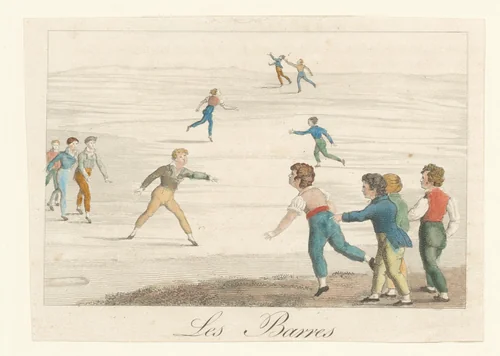 Kinderen spelen een spel met de naam les barres by anonymous, print, 1800-1899