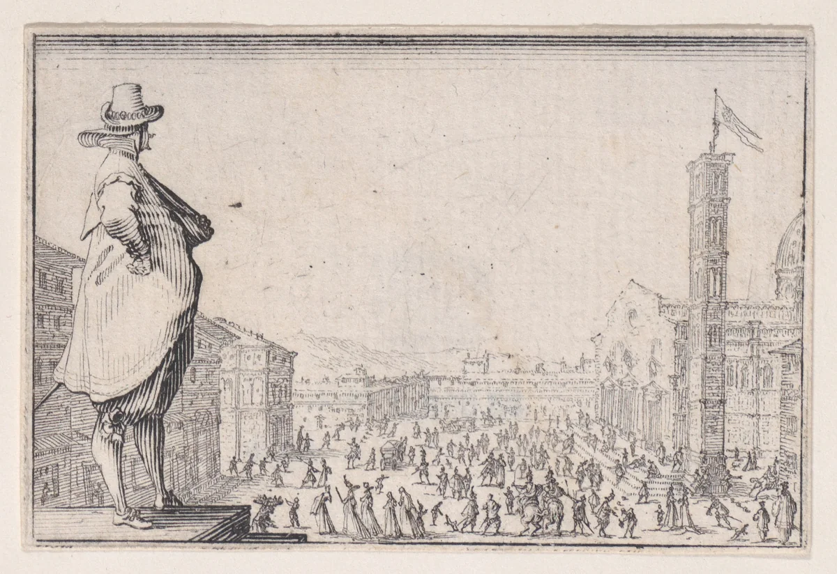 La Place du Dome a Florence (Piazza del Duomo in Florence), from Les Caprices Series A, The Florence Set by Jacques Callot, print, 1617