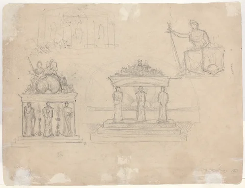 Studies of Classical Temple Facades and Seated Female Figure [verso] by John William Casilear, drawing, 1811-1893