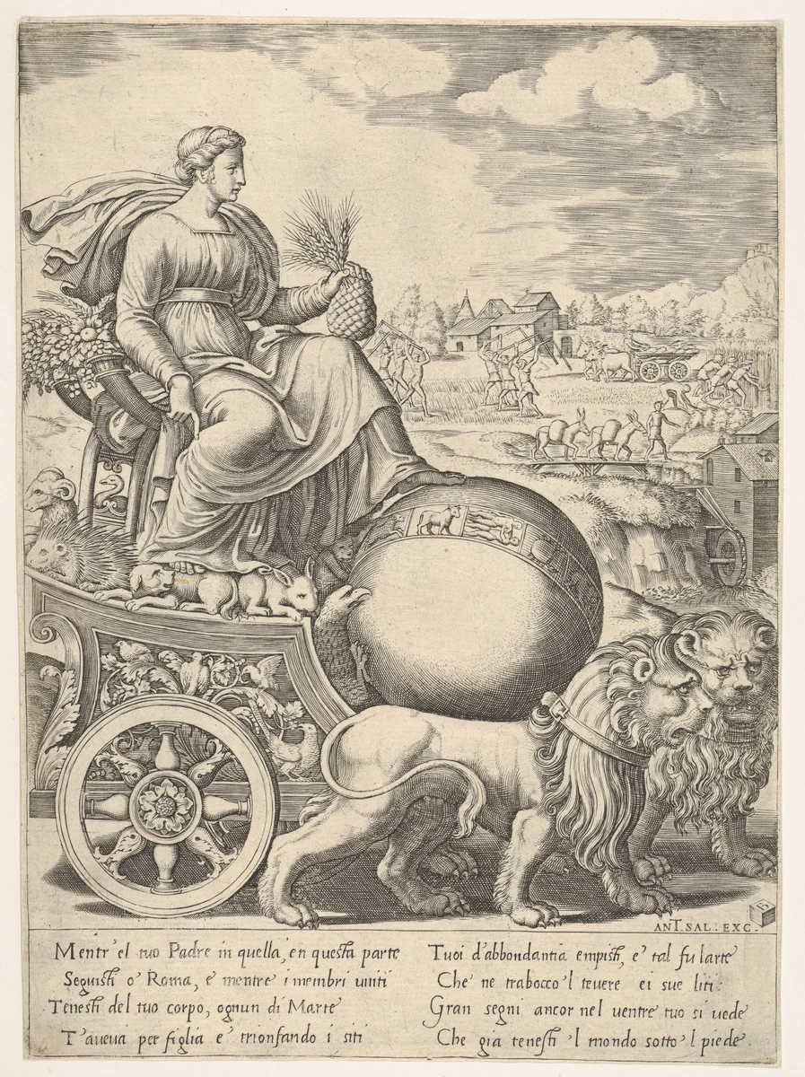 Cybele in her chariot drawn by two lions by Master of the Die, print, 1530-1560