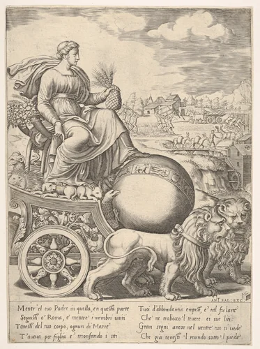 Cybele in her chariot drawn by two lions by Master of the Die, print, 1530-1560