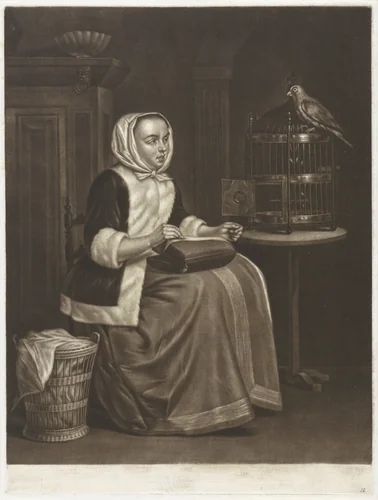 Vrouw en een papegaai by John Greenwood, print, 1739-1792