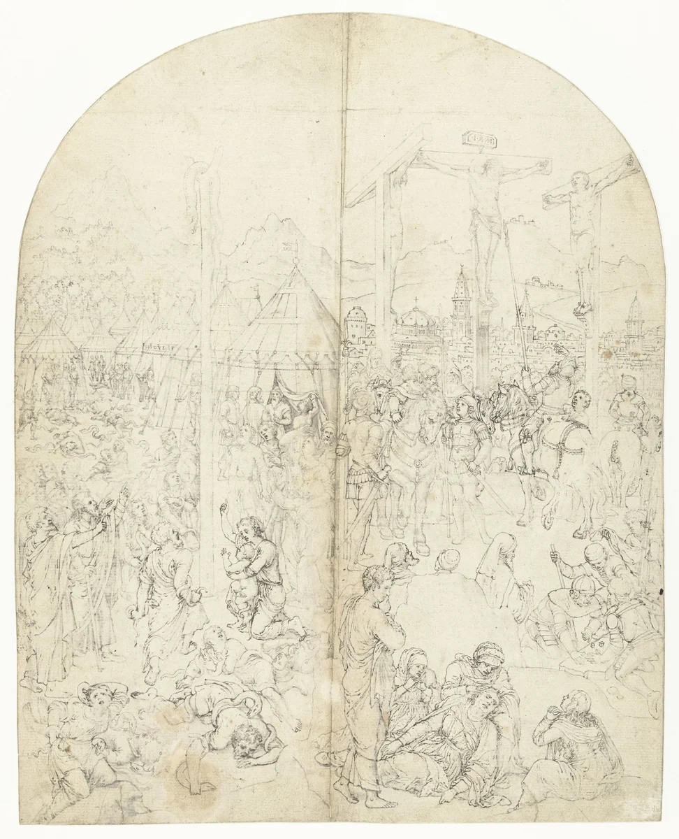 De Kruisiging en de Oprichting van de Koperen Slang by anonymous, drawing, 1540-1570