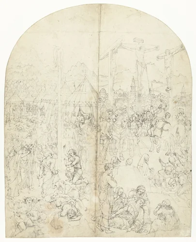 De Kruisiging en de Oprichting van de Koperen Slang by anonymous, drawing, 1540-1570