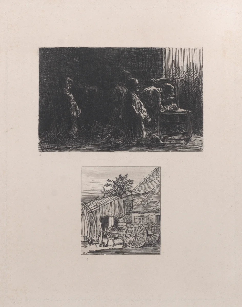 Prayer (upper); Cart in Front of a House (lower) by Charles Jacque, print, 1845