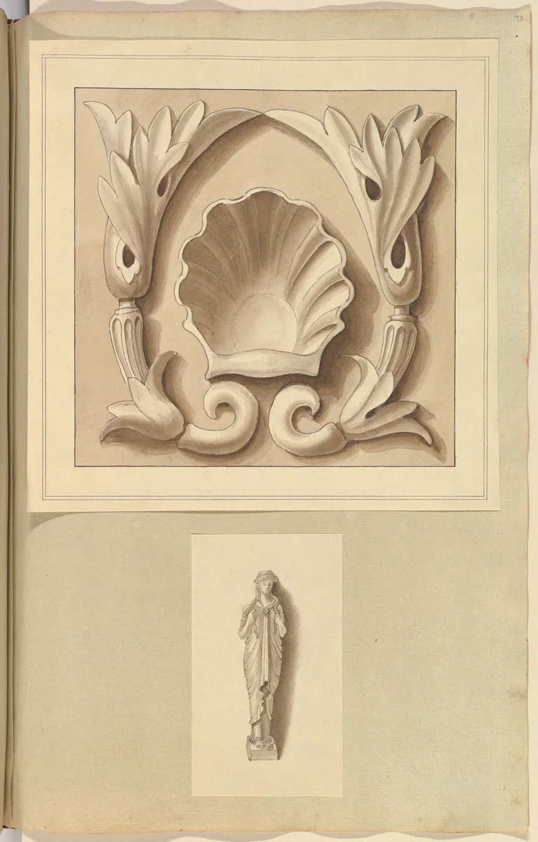 Carved Stone Ornamental Panel and Classical Female Figure by Alfred Forrester, drawing, 1845-1870
