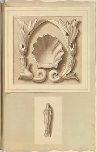 Carved Stone Ornamental Panel and Classical Female Figure by Alfred Forrester, drawing, 1845-1870