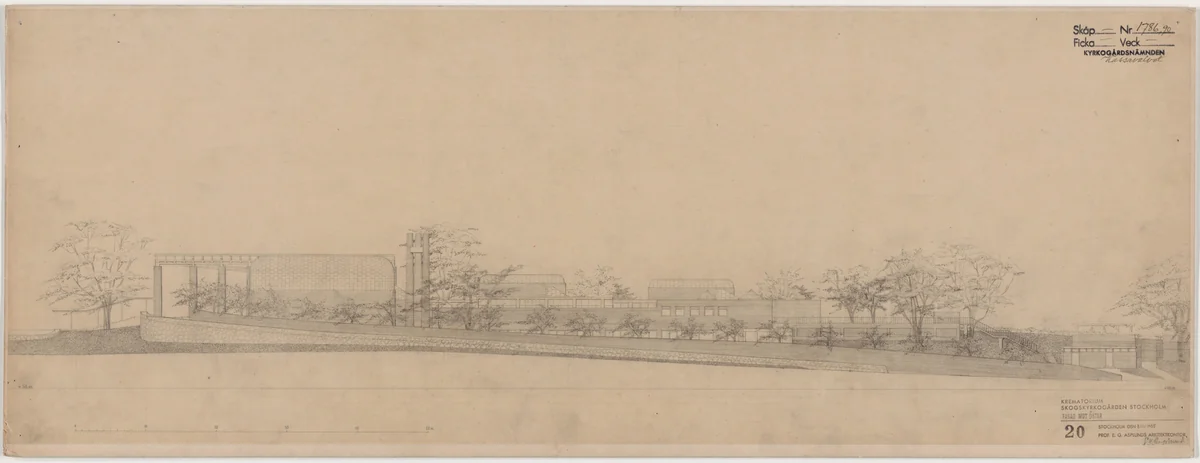 Woodland Crematorium, Woodland Cemetery, Stockholm, Sweden, Second version: exterior elevation by Erik Gunnar Asplund, architecture, 1935