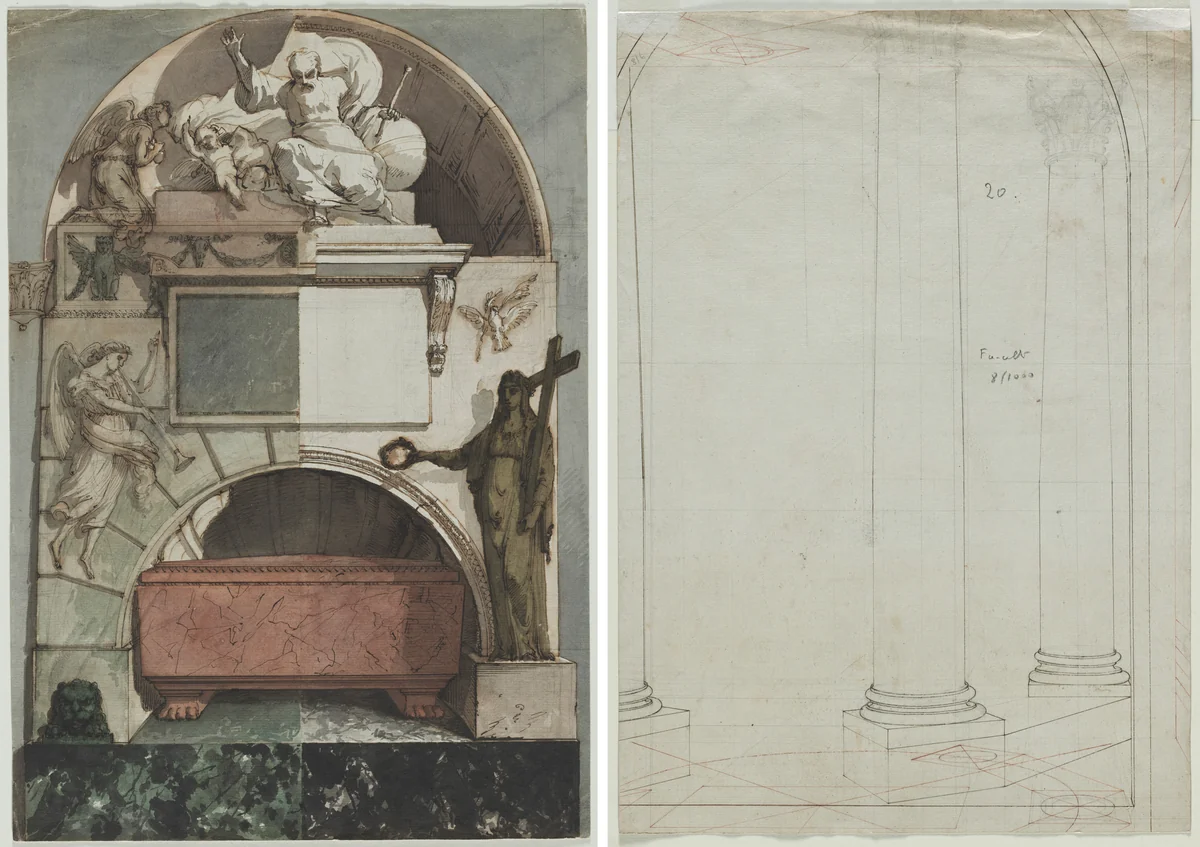 Design for a Fresco of an Artist's Tomb in the Certosa of Bologna (recto); Architectural Drawing of Columns (verso) by Pietro Fancelli, drawing, 1805-1825