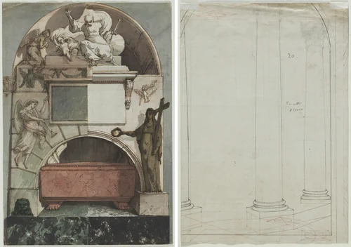 Design for a Fresco of an Artist's Tomb in the Certosa of Bologna (recto); Architectural Drawing of Columns (verso) by Pietro Fancelli, drawing, 1805-1825