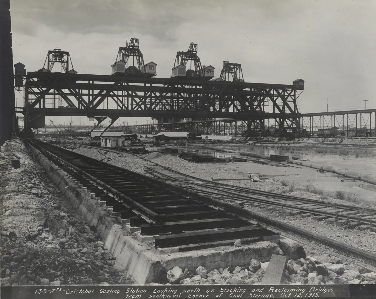 Cristobal coaling station. Looking north on sticking and reclaiming bridges from southwest corner of coal storage. by Unidentified Photographer, photograph, 1915