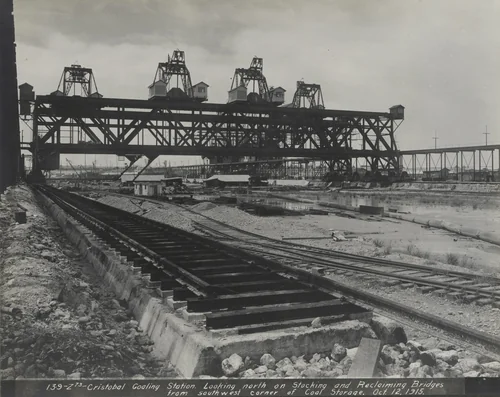 Cristobal coaling station. Looking north on sticking and reclaiming bridges from southwest corner of coal storage. by Unidentified Photographer, photograph, 1915