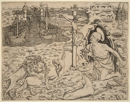 Saint Jerome in Penitence, with Two Ships in a Harbor by Italian 15th Century, print, 1480-1500