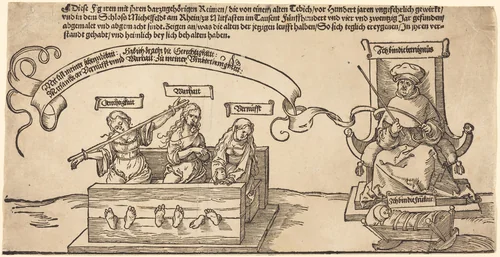 Justice, Truth and Reason in the Stocks with the Seated Judge and Sleeping Piety by Albrecht Dürer, print, 1526