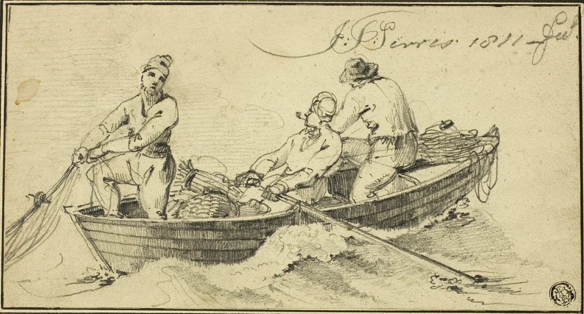 Three Fisherman in a Boat by John Thomas Serres, drawing, 1811