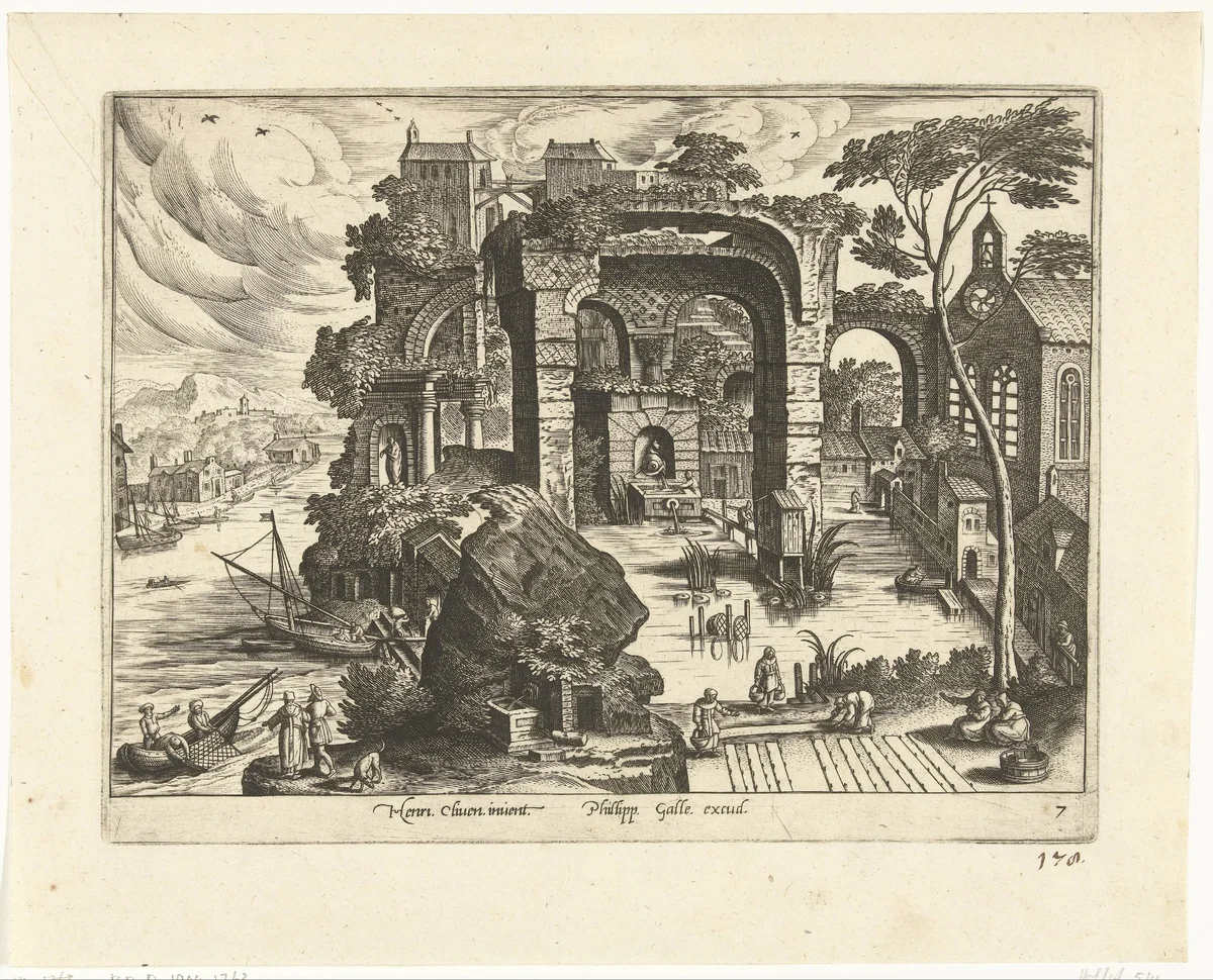 Landschap met ruïne en een vijver by Adriaen Collaert, print, 1587